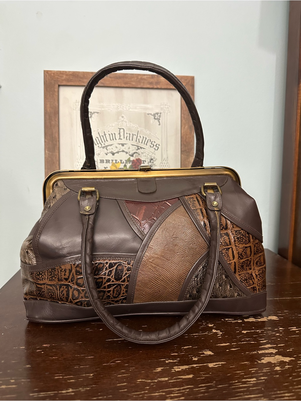 Caprice Brown Patchwork Kiss Lock Satchel Western Boho